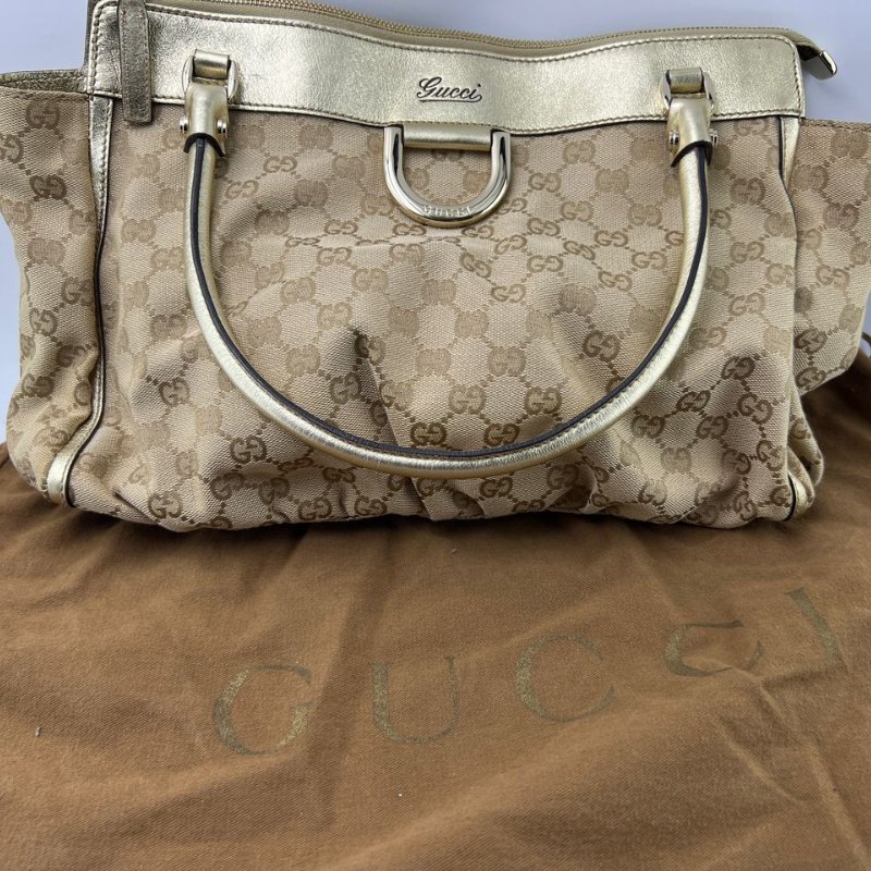 Gucci 經典雙 G 老花帆布配皮手提包-0