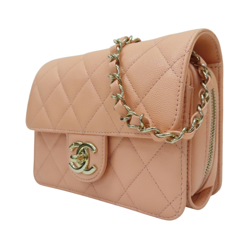 粉膚色 菱格紋 荔枝牛皮 鍊帶肩背包 淡金釦【CHANEL 香奈兒】 AS3002-2