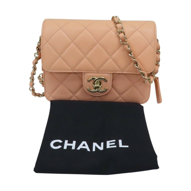 粉膚色 菱格紋 荔枝牛皮 鍊帶肩背包 淡金釦【CHANEL 香奈兒】 AS3002-11