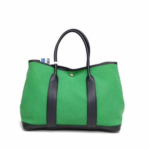 HERMES 花園包36竹子綠NEGONA皮/帆布A刻銀扣