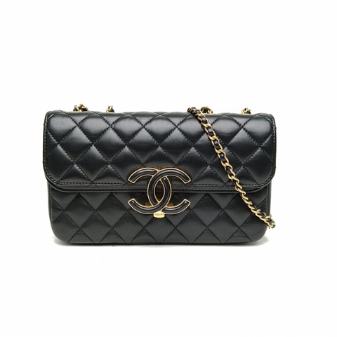 CHANEL 19A埃及系列大logo口蓋包黑色羊皮26開金扣