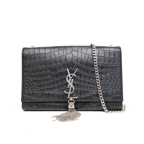 SAINT LAURENT KATE中號24鱷魚壓紋流蘇黑色牛皮銀扣