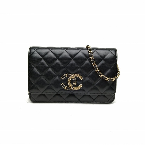 CHANEL CFWOC19cm黑色羊皮30開皮穿鏈拼金屬絲扣