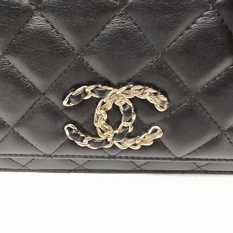 CHANEL CFWOC19cm黑色羊皮30開皮穿鏈拼金屬絲扣-5