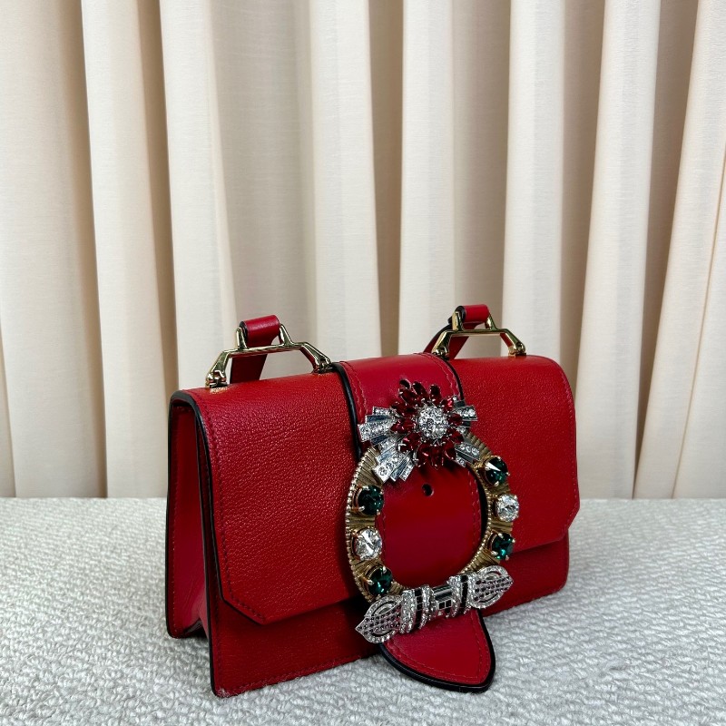 MiuMiu繆繆Lady紅色牛皮寶石包 精美紅色寶石太陽花裝飾 金色五金 可單肩可斜挎 牛皮耐磨 包型板正 容量實用 日常通勤百搭-1