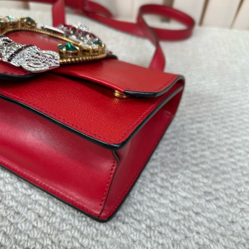 MiuMiu繆繆Lady紅色牛皮寶石包 精美紅色寶石太陽花裝飾 金色五金 可單肩可斜挎 牛皮耐磨 包型板正 容量實用 日常通勤百搭-7