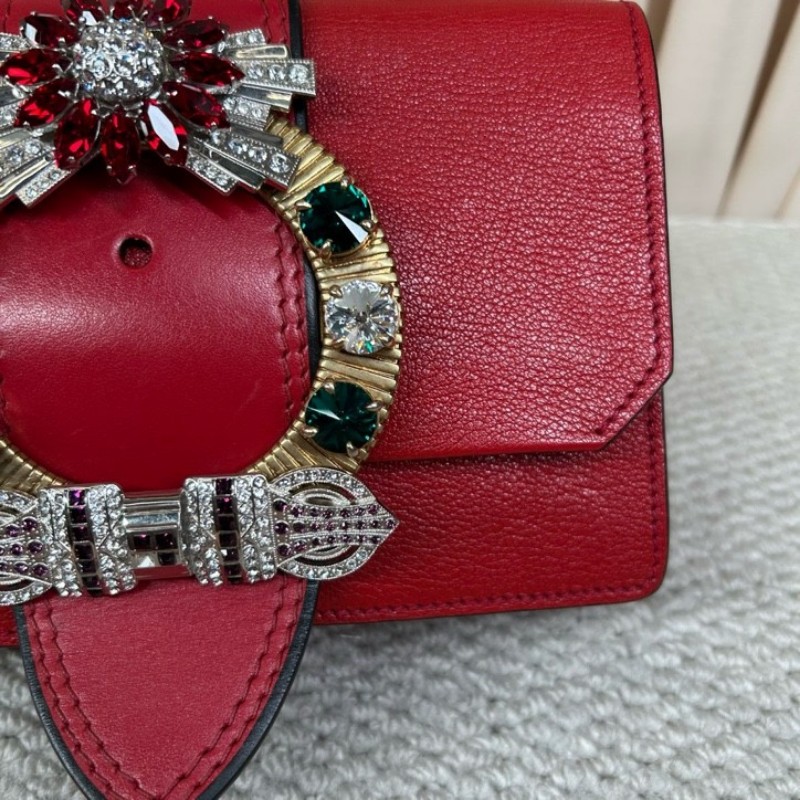 MiuMiu繆繆Lady紅色牛皮寶石包 精美紅色寶石太陽花裝飾 金色五金 可單肩可斜挎 牛皮耐磨 包型板正 容量實用 日常通勤百搭-17