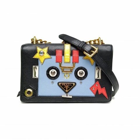 PRADA 圖案牛皮金扣機器人單肩包