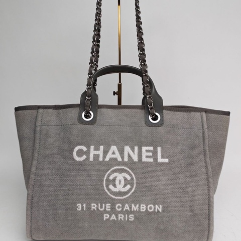 CHANEL 沙灘包購物包大號灰色帆布20開銀扣