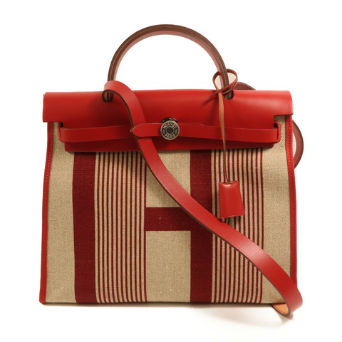 HERMES Toile H帆布Herbag PM手挽肩背兩用袋Rouge Piment/Bordeaux