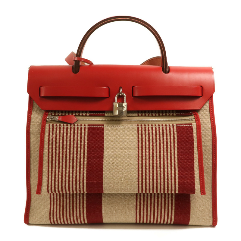 HERMES Toile H帆布Herbag PM手挽肩背兩用袋Rouge Piment/Bordeaux-1