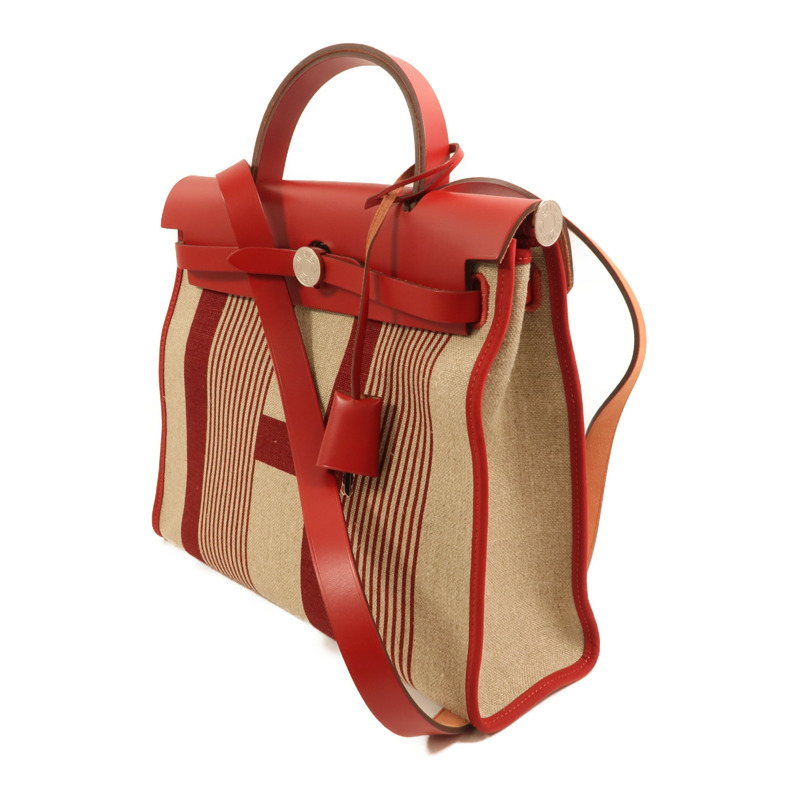 HERMES Toile H帆布Herbag PM手挽肩背兩用袋Rouge Piment/Bordeaux-2