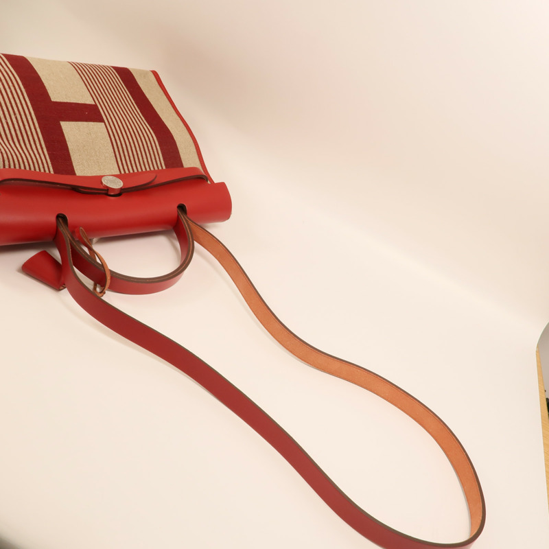 HERMES Toile H帆布Herbag PM手挽肩背兩用袋Rouge Piment/Bordeaux-7