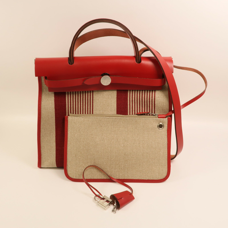 HERMES Toile H帆布Herbag PM手挽肩背兩用袋Rouge Piment/Bordeaux-11