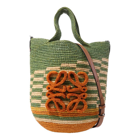 LOEWE 牛皮皮革/Raffia Paula's Ibiza Slit Mini銀扣手挽肩背兩用袋
