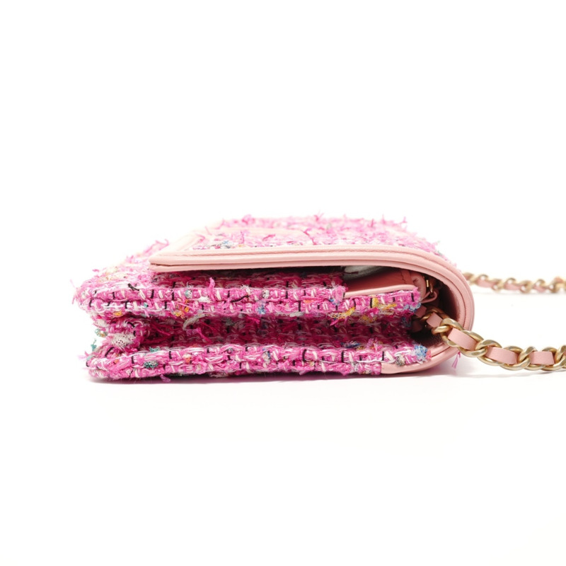 香奈兒鏤空斜紋軟呢鏈條皮夾單肩包 粉紅色-3