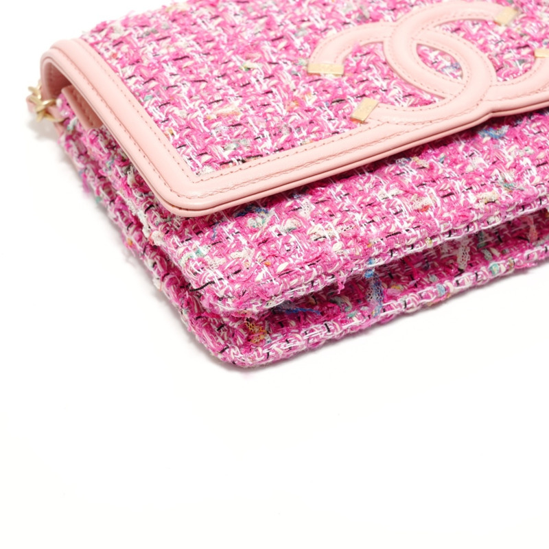 香奈兒鏤空斜紋軟呢鏈條皮夾單肩包 粉紅色-4