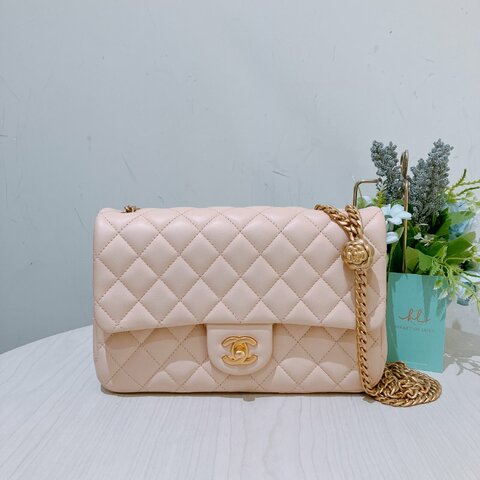 TK1999	香奈兒 經典 Chanel 23cm Small Flap Bag With Camellia Chain Lambskin Beige x GHW