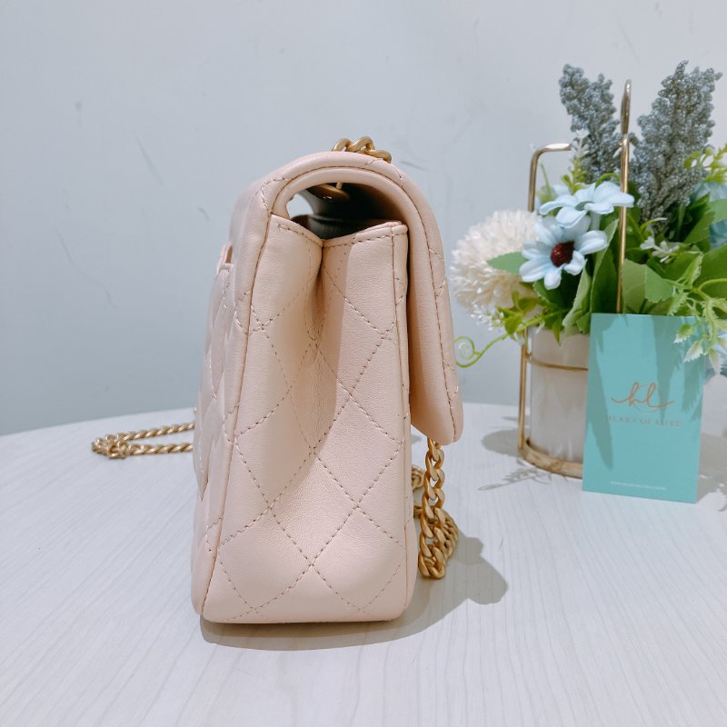 TK1999	香奈兒 經典 Chanel 23cm Small Flap Bag With Camellia Chain Lambskin Beige x GHW-3