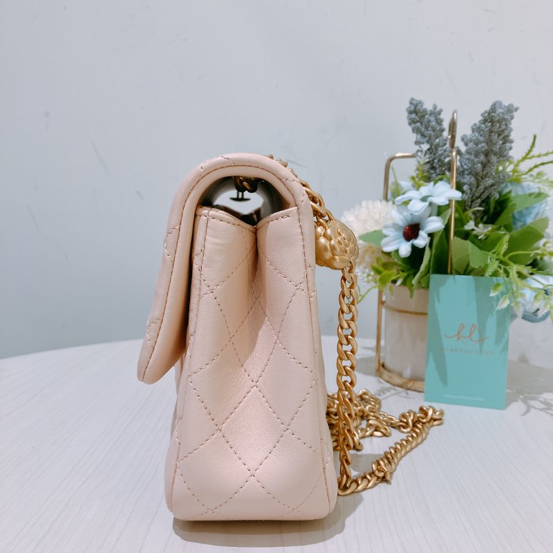 TK1999	香奈兒 經典 Chanel 23cm Small Flap Bag With Camellia Chain Lambskin Beige x GHW-4