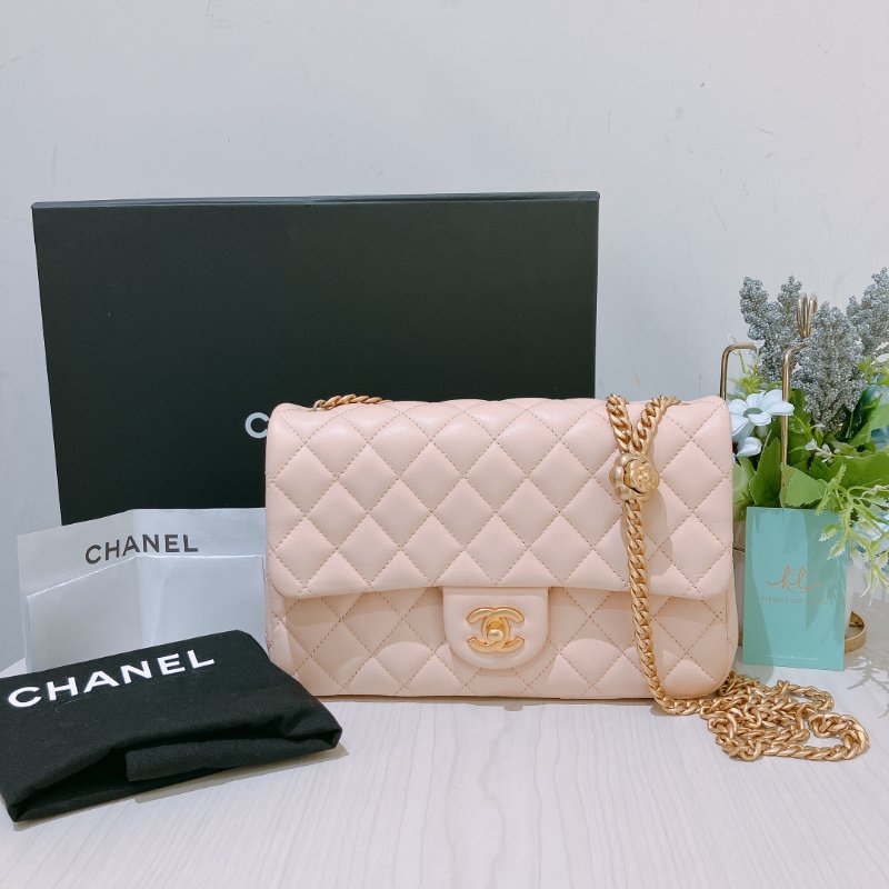 TK1999	香奈兒 經典 Chanel 23cm Small Flap Bag With Camellia Chain Lambskin Beige x GHW-24