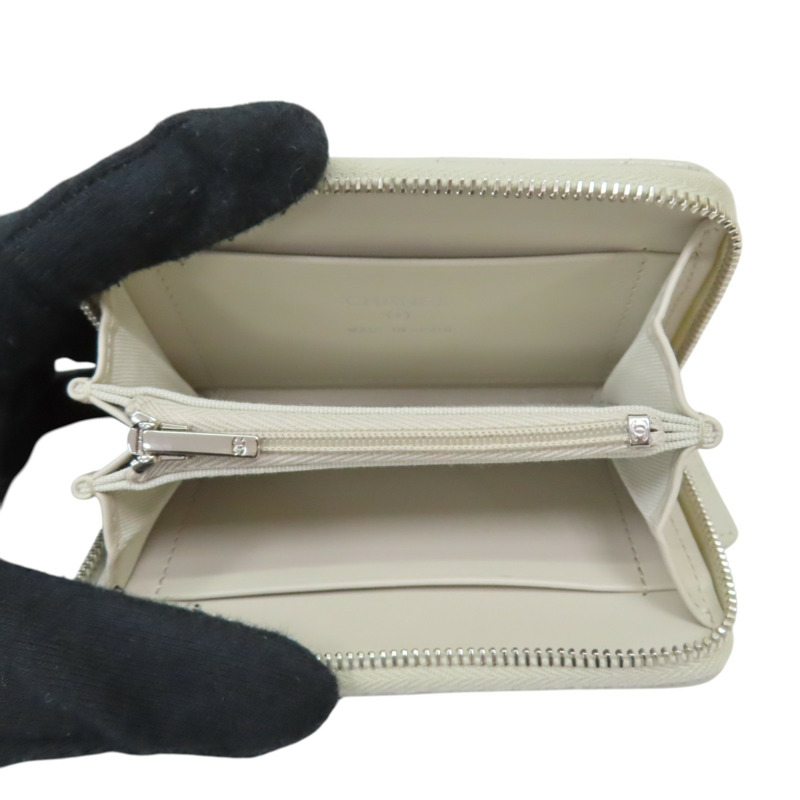 白灰色 菱格紋 荔枝牛皮 拉鍊 卡片零錢包-4