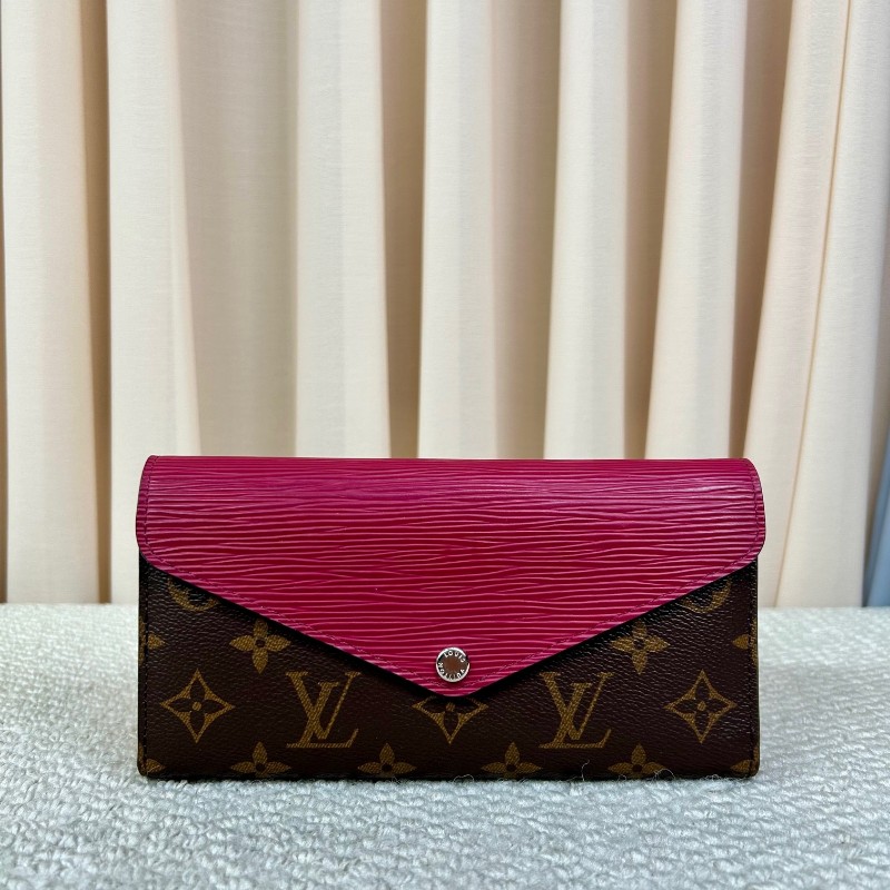 LV路易威登長款水波纹拼色折疊錢包 有刻字 經典老花拼玫紅色 容量大 卡位多 非常實用-0
