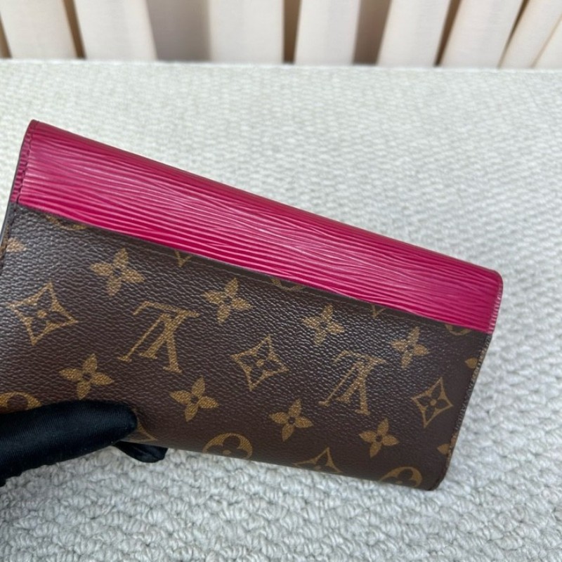 LV路易威登長款水波纹拼色折疊錢包 有刻字 經典老花拼玫紅色 容量大 卡位多 非常實用-2