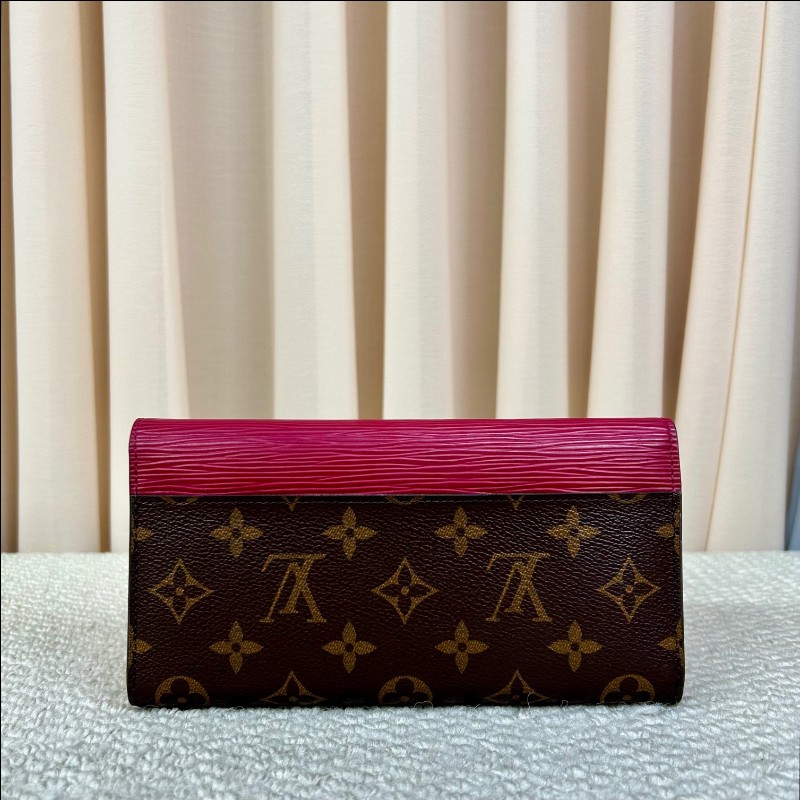 LV路易威登長款水波纹拼色折疊錢包 有刻字 經典老花拼玫紅色 容量大 卡位多 非常實用-6