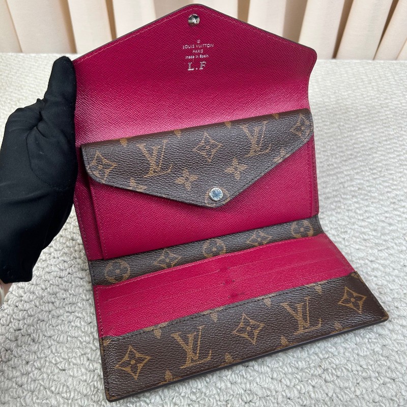 LV路易威登長款水波纹拼色折疊錢包 有刻字 經典老花拼玫紅色 容量大 卡位多 非常實用-8