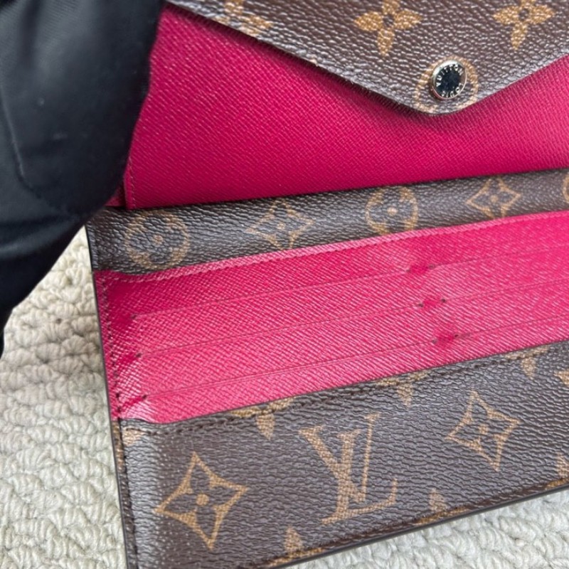 LV路易威登長款水波纹拼色折疊錢包 有刻字 經典老花拼玫紅色 容量大 卡位多 非常實用-9