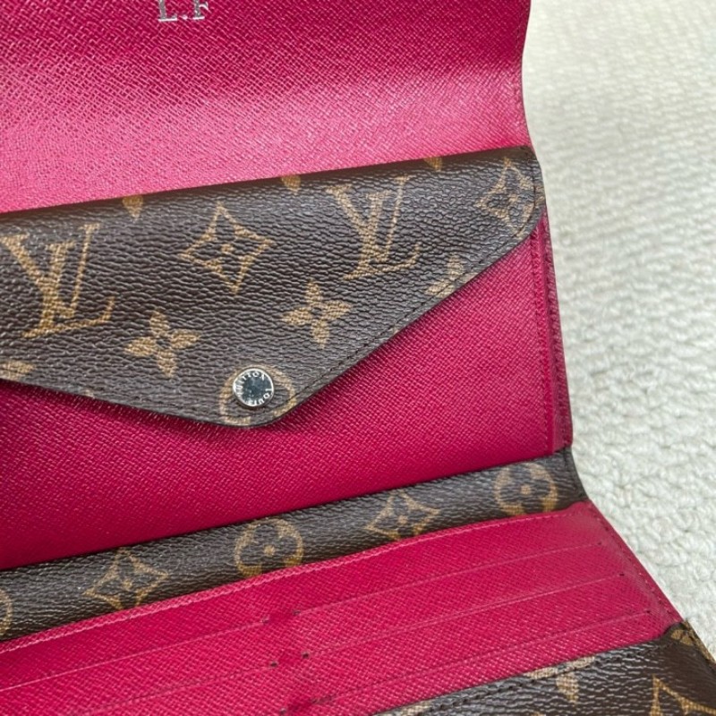 LV路易威登長款水波纹拼色折疊錢包 有刻字 經典老花拼玫紅色 容量大 卡位多 非常實用-10