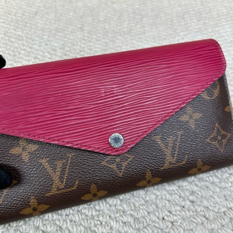 LV路易威登長款水波纹拼色折疊錢包 有刻字 經典老花拼玫紅色 容量大 卡位多 非常實用-12