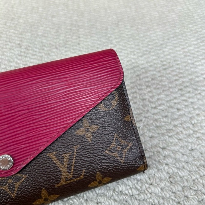 LV路易威登長款水波纹拼色折疊錢包 有刻字 經典老花拼玫紅色 容量大 卡位多 非常實用-13