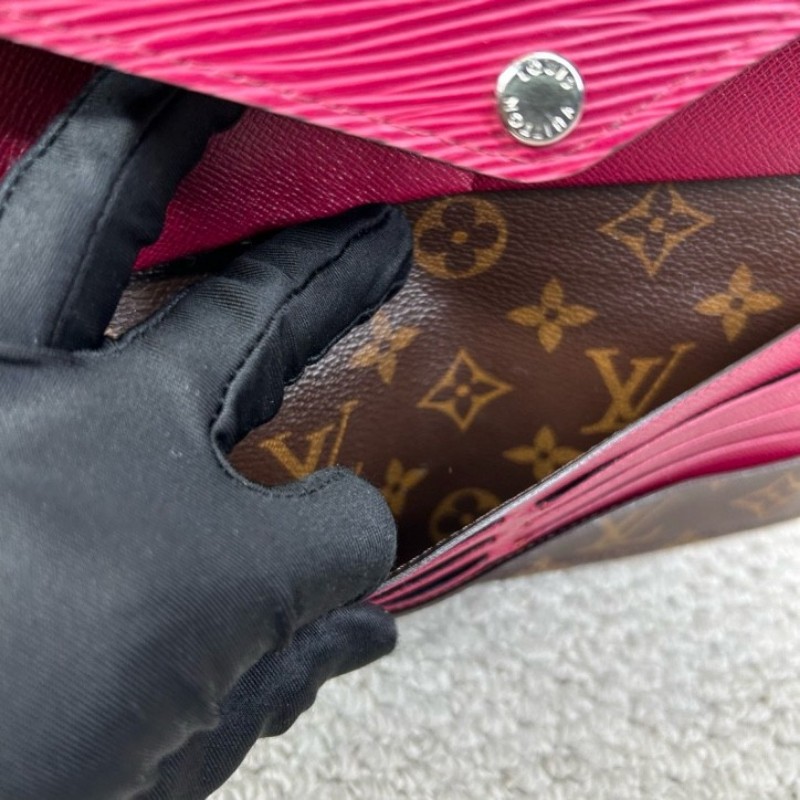 LV路易威登長款水波纹拼色折疊錢包 有刻字 經典老花拼玫紅色 容量大 卡位多 非常實用-15