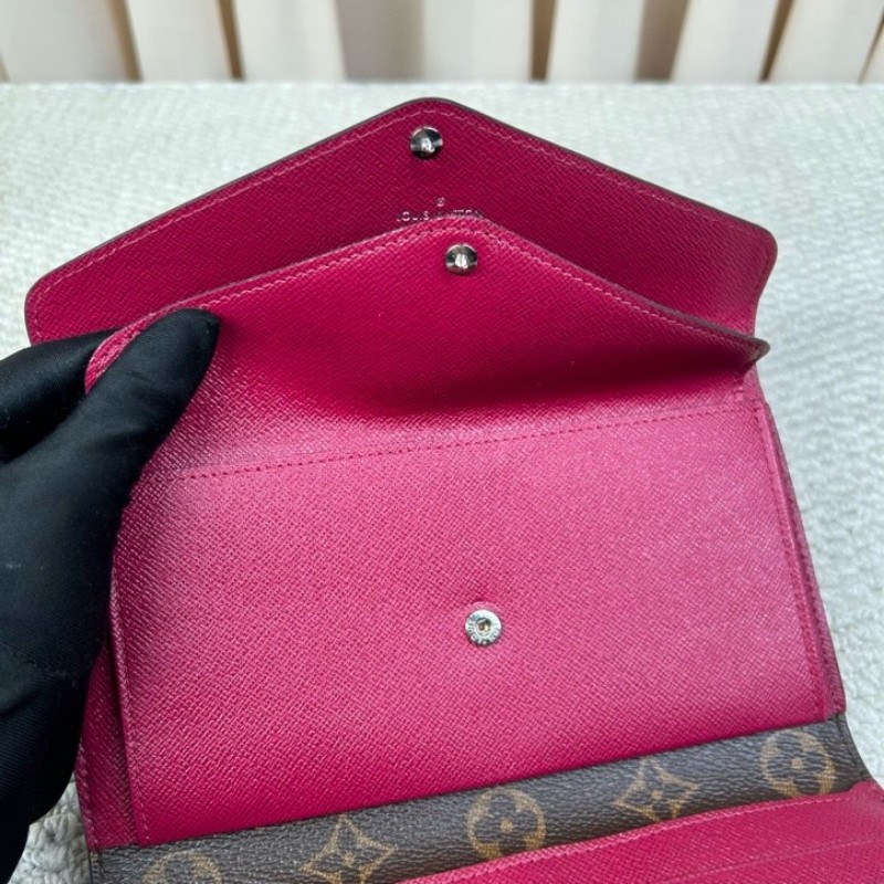 LV路易威登長款水波纹拼色折疊錢包 有刻字 經典老花拼玫紅色 容量大 卡位多 非常實用-17