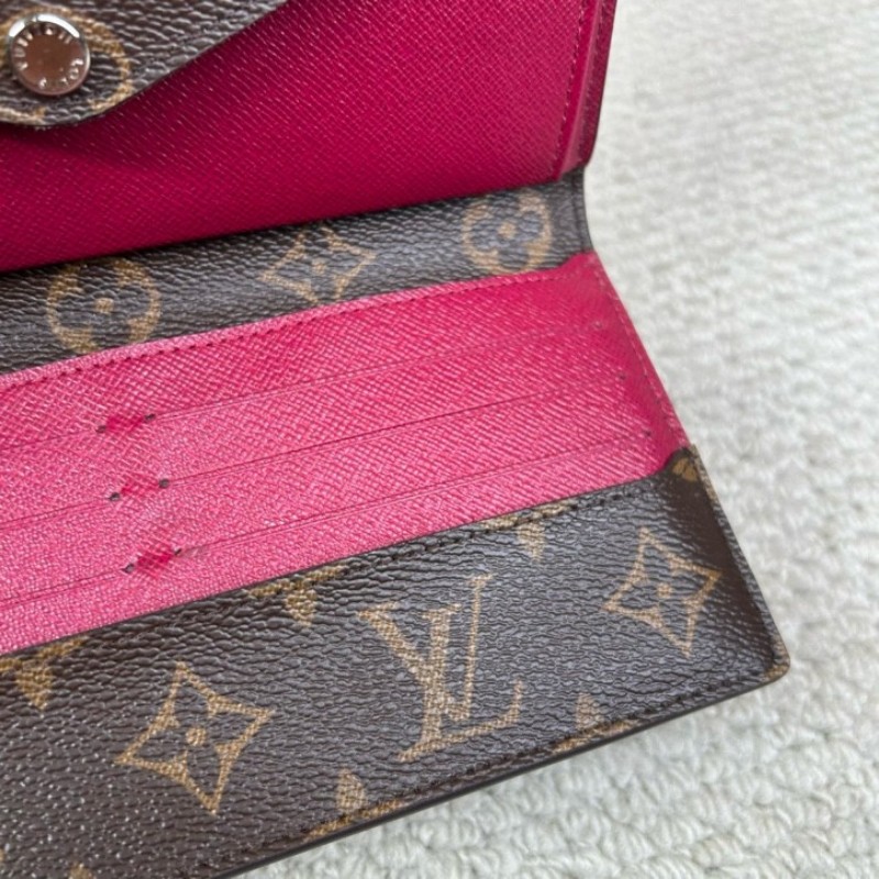 LV路易威登長款水波纹拼色折疊錢包 有刻字 經典老花拼玫紅色 容量大 卡位多 非常實用-19