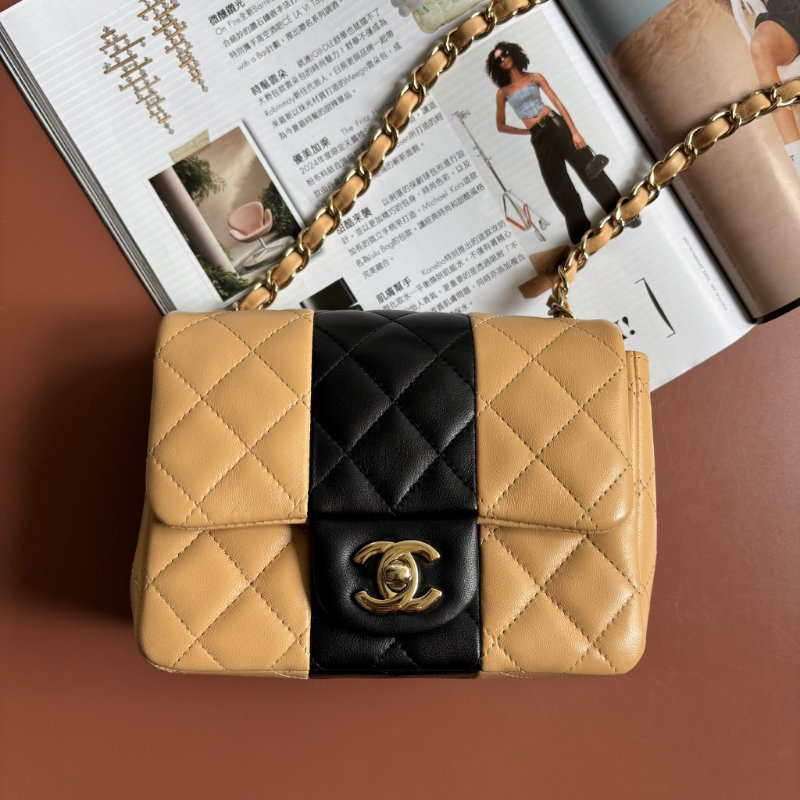 COCO 17 ::Chanel:: Mini Square Flap Bag  奶茶色x黑 拚色經典方胖雙色斜背練包 口蓋包-0