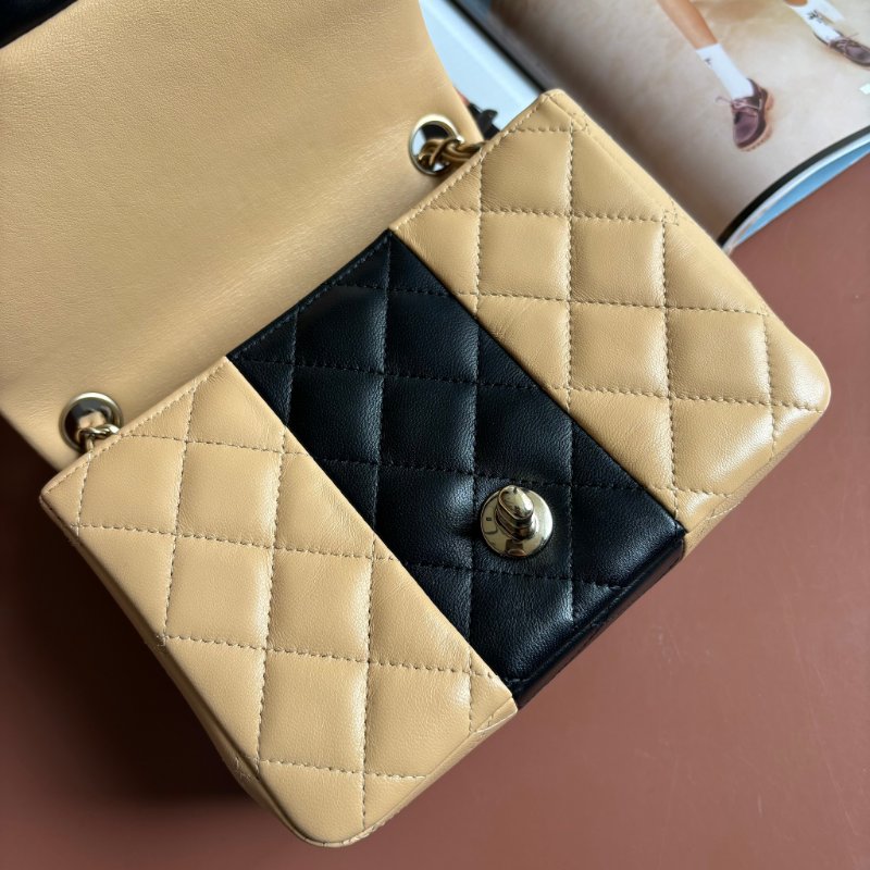 COCO 17 ::Chanel:: Mini Square Flap Bag  奶茶色x黑 拚色經典方胖雙色斜背練包 口蓋包-11