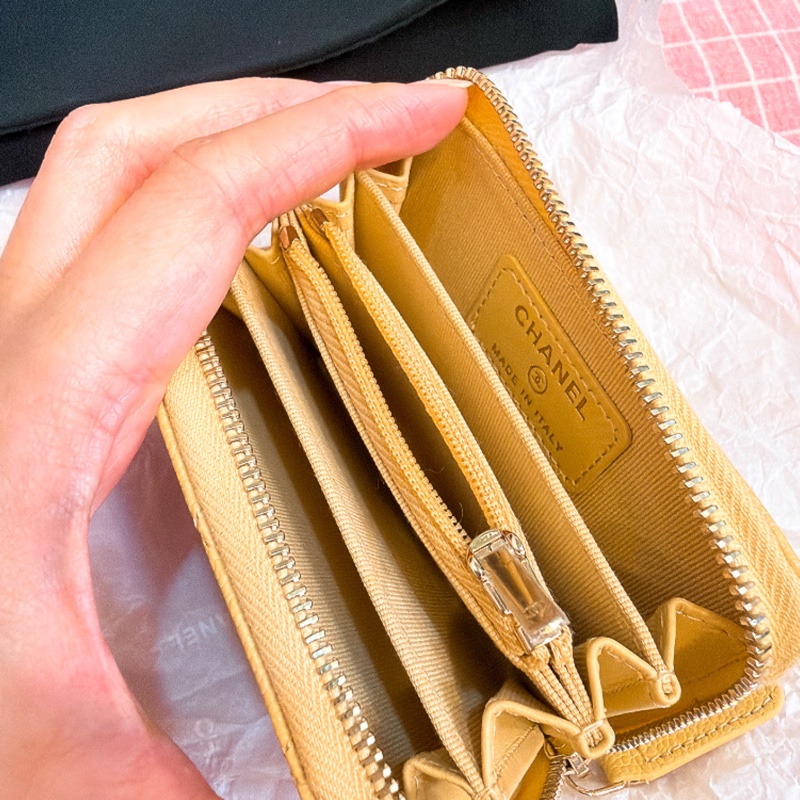 Chanel 淡黃 拉鏈卡夾（內零錢袋）-3