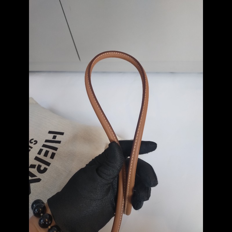 Hermes 金棕皮米白底黑字布斜背包 Aline Groom-19