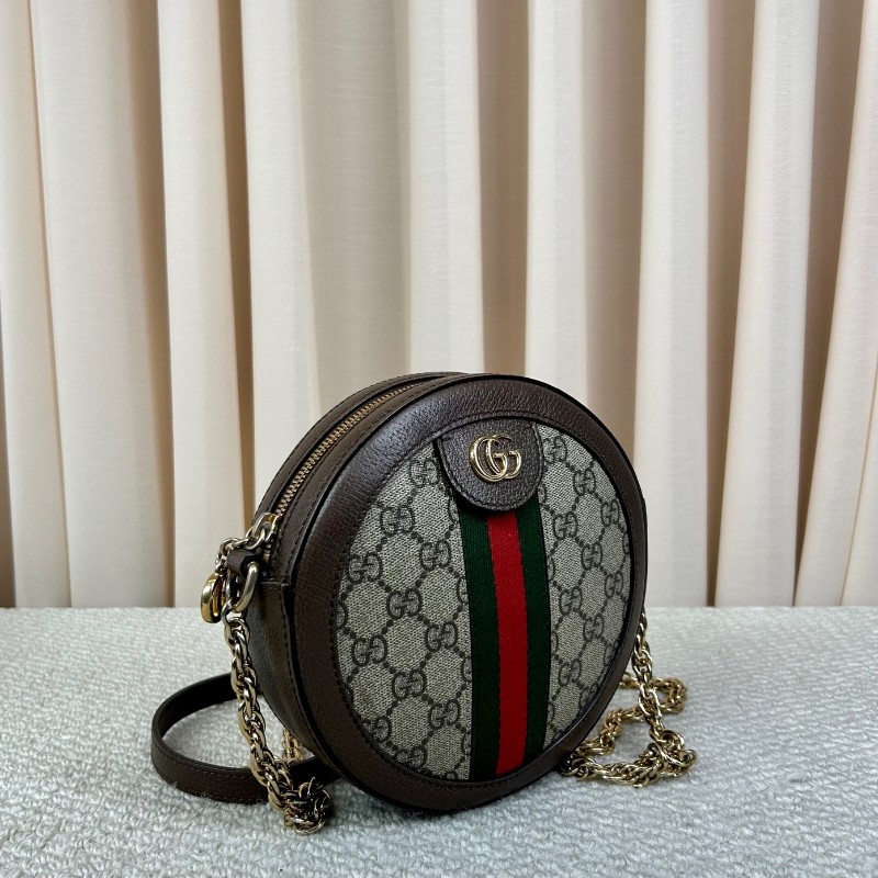 古馳Gucci Ophidia圓餅包 經典老花拼皮 紅綠條紋 金色鏈條 可單肩可斜挎 容量日常夠用 通勤約會都能背 日常百搭-2