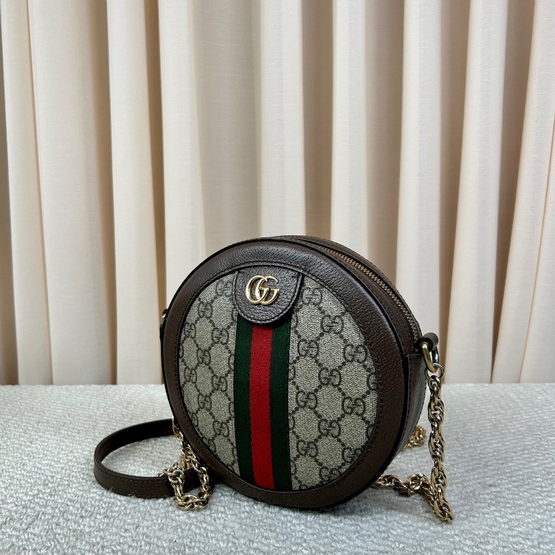 古馳Gucci Ophidia圓餅包 經典老花拼皮 紅綠條紋 金色鏈條 可單肩可斜挎 容量日常夠用 通勤約會都能背 日常百搭-3