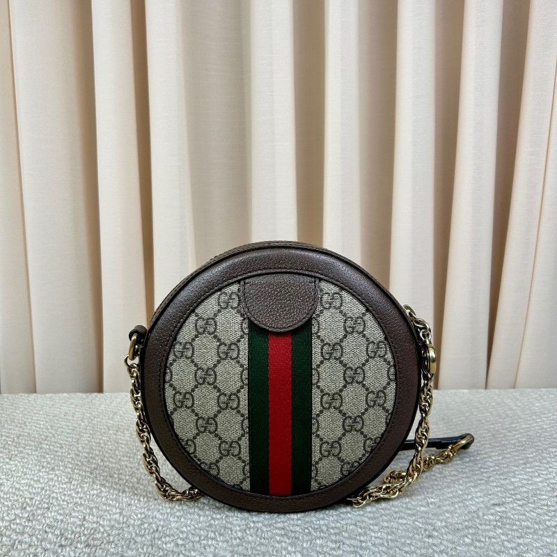 古馳Gucci Ophidia圓餅包 經典老花拼皮 紅綠條紋 金色鏈條 可單肩可斜挎 容量日常夠用 通勤約會都能背 日常百搭-4