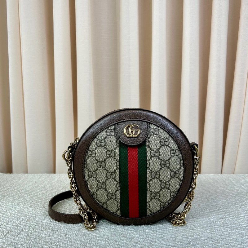 古馳Gucci Ophidia圓餅包 經典老花拼皮 紅綠條紋 金色鏈條 可單肩可斜挎 容量日常夠用 通勤約會都能背 日常百搭-5