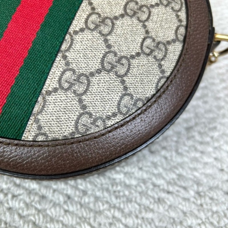 古馳Gucci Ophidia圓餅包 經典老花拼皮 紅綠條紋 金色鏈條 可單肩可斜挎 容量日常夠用 通勤約會都能背 日常百搭-7