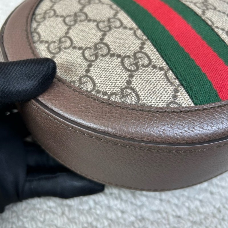 古馳Gucci Ophidia圓餅包 經典老花拼皮 紅綠條紋 金色鏈條 可單肩可斜挎 容量日常夠用 通勤約會都能背 日常百搭-8