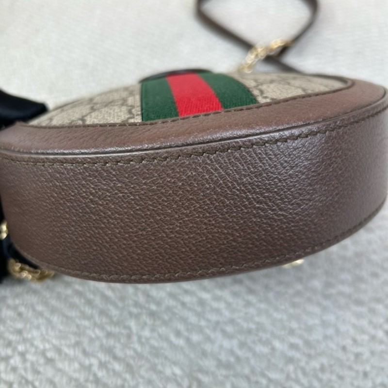 古馳Gucci Ophidia圓餅包 經典老花拼皮 紅綠條紋 金色鏈條 可單肩可斜挎 容量日常夠用 通勤約會都能背 日常百搭-9
