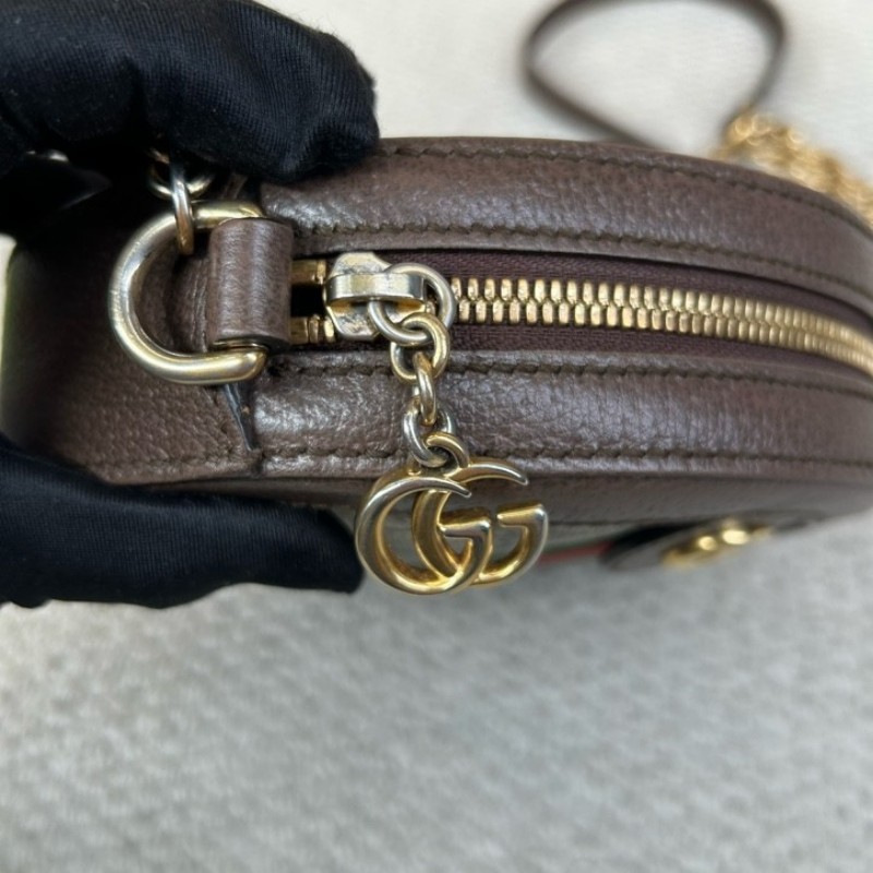 古馳Gucci Ophidia圓餅包 經典老花拼皮 紅綠條紋 金色鏈條 可單肩可斜挎 容量日常夠用 通勤約會都能背 日常百搭-11