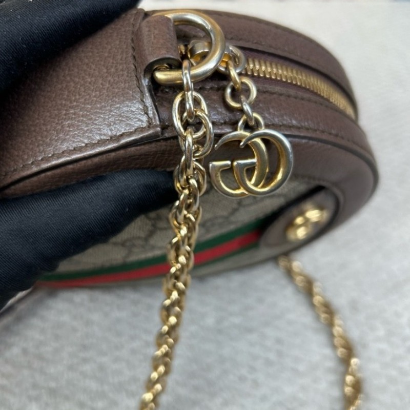 古馳Gucci Ophidia圓餅包 經典老花拼皮 紅綠條紋 金色鏈條 可單肩可斜挎 容量日常夠用 通勤約會都能背 日常百搭-15